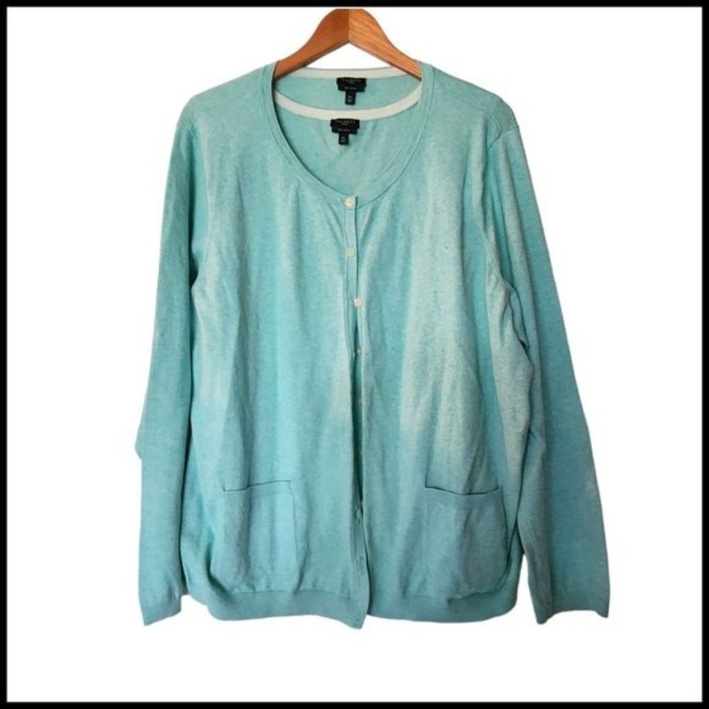 Talbots Cardigan Tank Set Plus Size 3X Cotton Light Green Scoop Neck